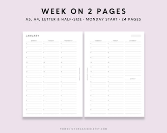 Week On 2 Pages Printable: Weekly Planner Pages (A5 A4 Letter PDF)