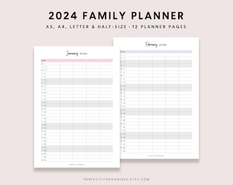 PRINTABLE 2024 Family Planner | 2024 Family Calendar, 2024 Monthly Planner, 2024 Monthly Calendar, Pastel, A5 Half-size A4 Letter