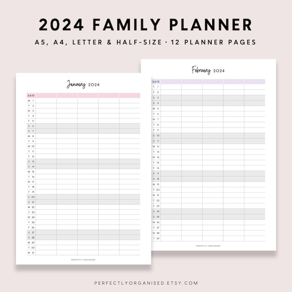 PRINTABLE 2024 Family Planner | 2024 Family Calendar, 2024 Monthly Planner, 2024 Monthly Calendar, Pastel, A5 Half-size A4 Letter