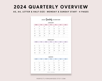 PRINTABLE 2024 Quarterly Overview | 2024 3 Month Overview, 2024 Calendar, 2024 Planner, Pastel, A5 Half-Size A4 Letter