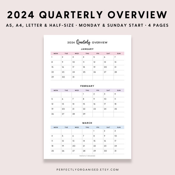 PRINTABLE 2024 Quarterly Overview | 2024 3 Month Overview, 2024 Calendar, 2024 Planner, Pastel, A5 Half-Size A4 Letter