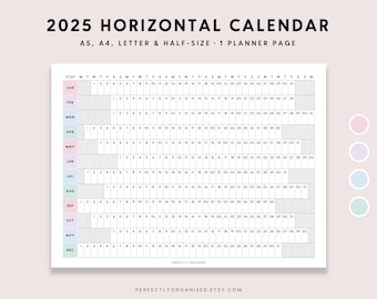 2025 Horizontal Calendar | 2025 Foldout Horizontal Calendar, 2025 Folding Planner, Pastel, A5 Half-size A4 Letter PRINTABLE