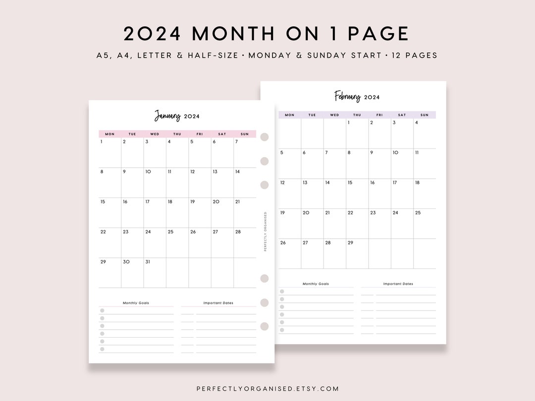 PRINTABLE 2024 Month on 1 Page 2024 Monthly Planner 2024 - Etsy Australia