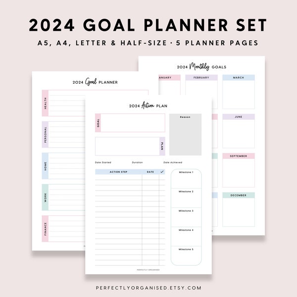 PRINTABLE 2024 Goal Planner | 2024 Goal Planning, 2024 Goal Pages, 2024 Goals Tracker, Pastel, A5 Half-Size A4 Letter