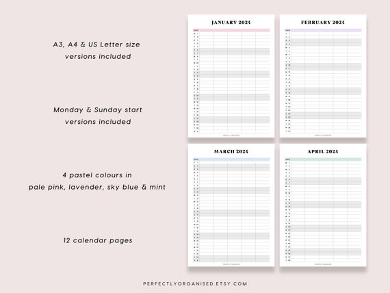 PRINTABLE 2024 Family Calendar 2024 Family Planner Printable, 2024 Desk  Calendar, 2024 Monthly Calendar, Pastel, A3 A4 Letter 