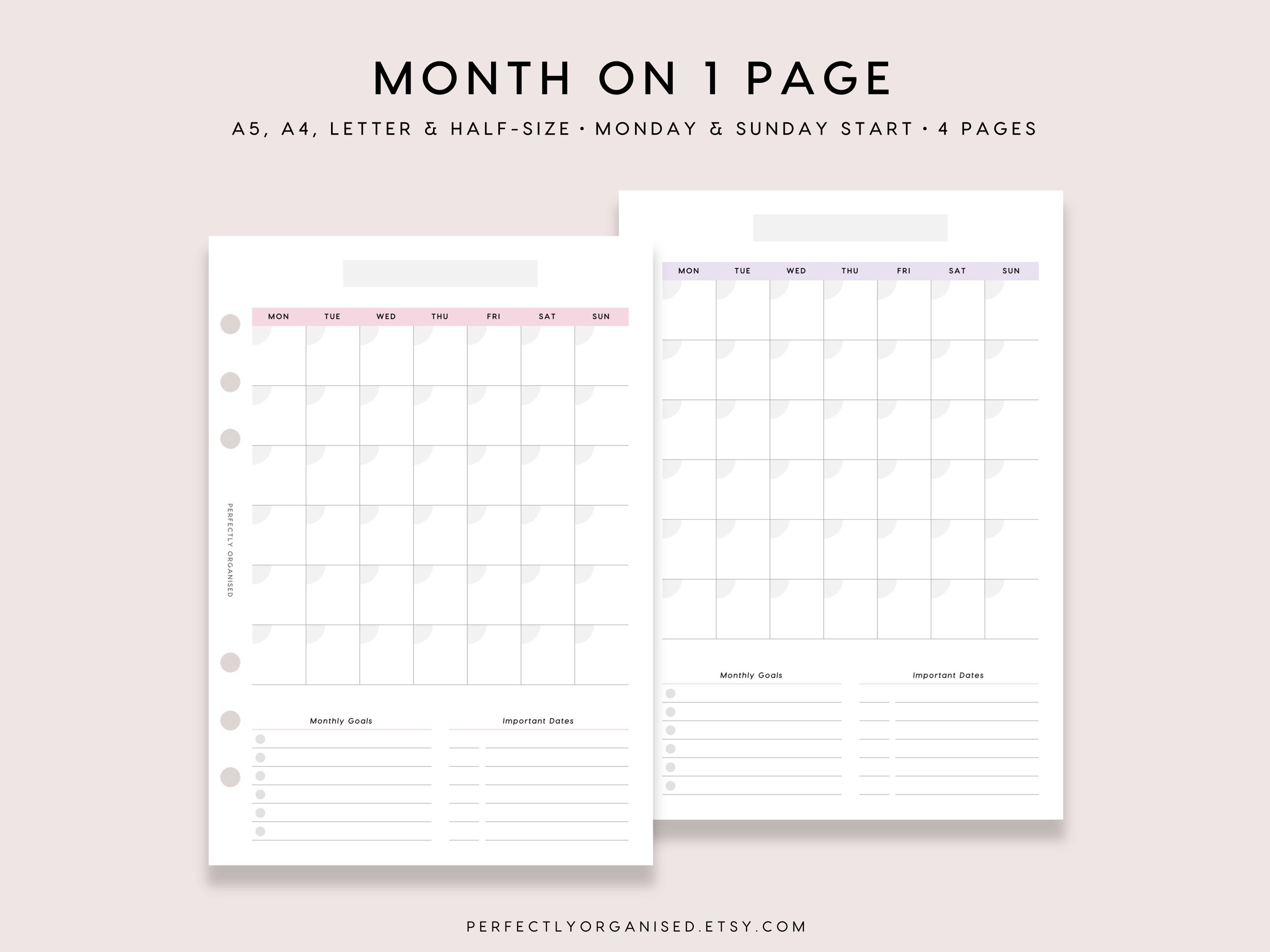Month on 1 Page Calendar – Undated