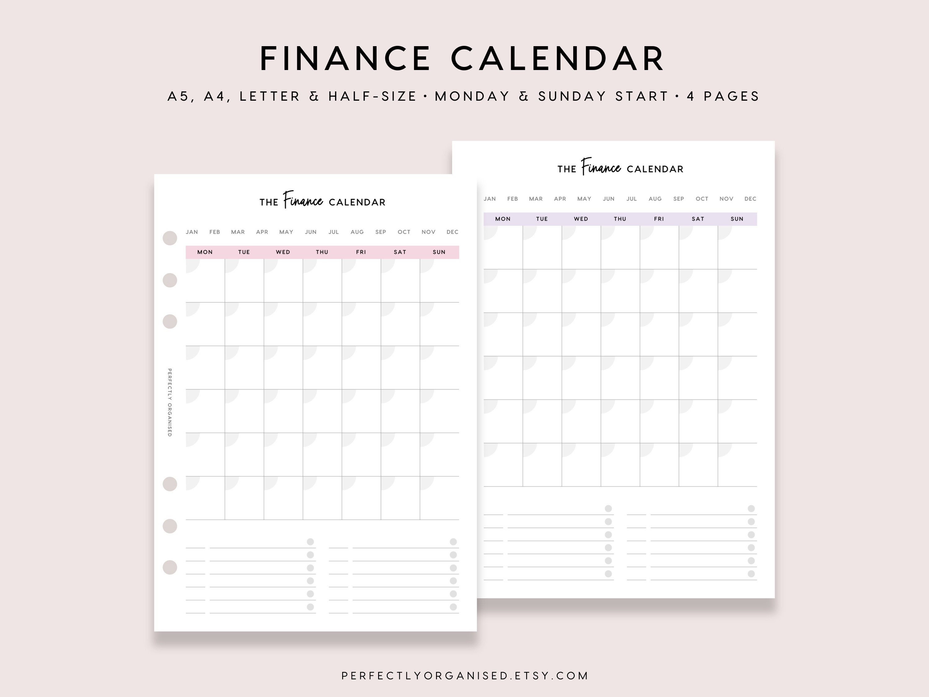 PRINTABLE Finance Calendar Monthly Finance Calendar - Etsy