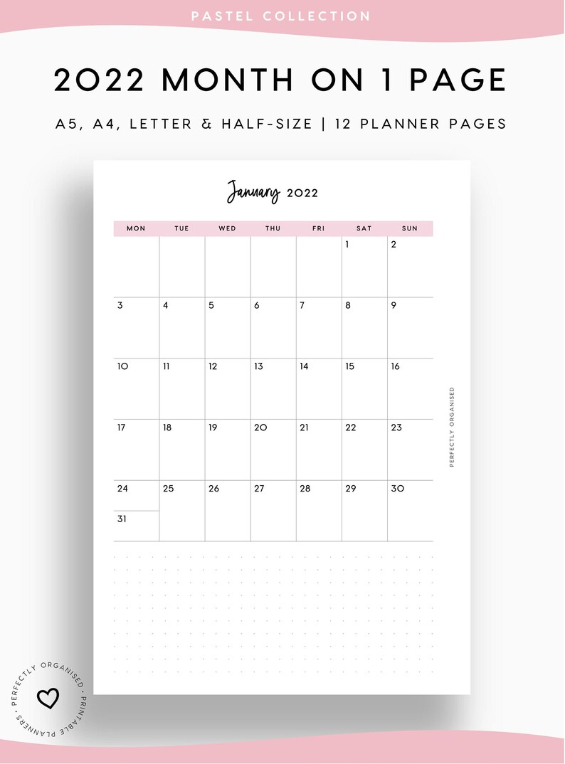 New Printable 2022 Monthly Planner - Month On 1 Page