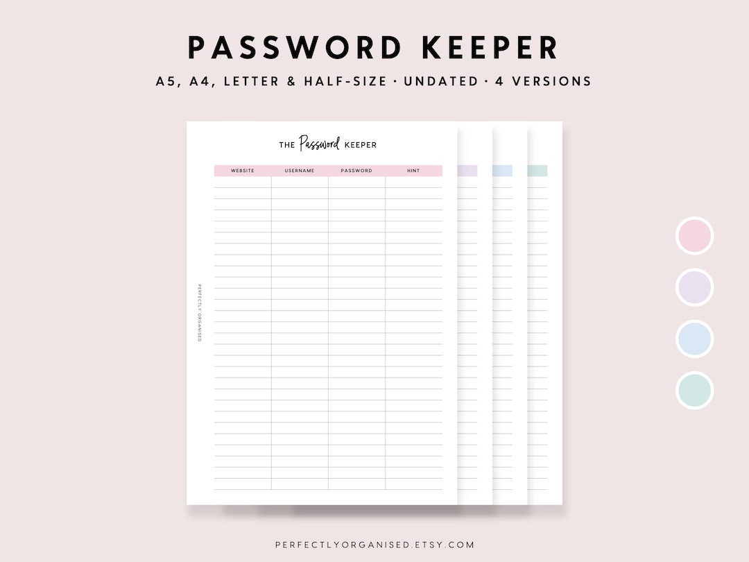 Password Keeper Printable: Pastel Home Management Page (A5 A4 Letter ...
