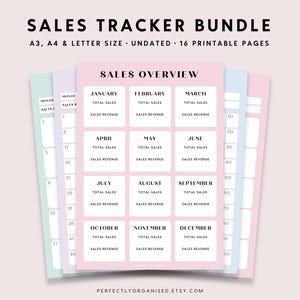 Conjunto de seguimiento de ventas / Descripción general de ventas, Seguimiento mensual de ventas comerciales, Seguimiento mensual de ventas, Ventas de pequeñas empresas, Carta A3 A4 IMPRIMIBLE