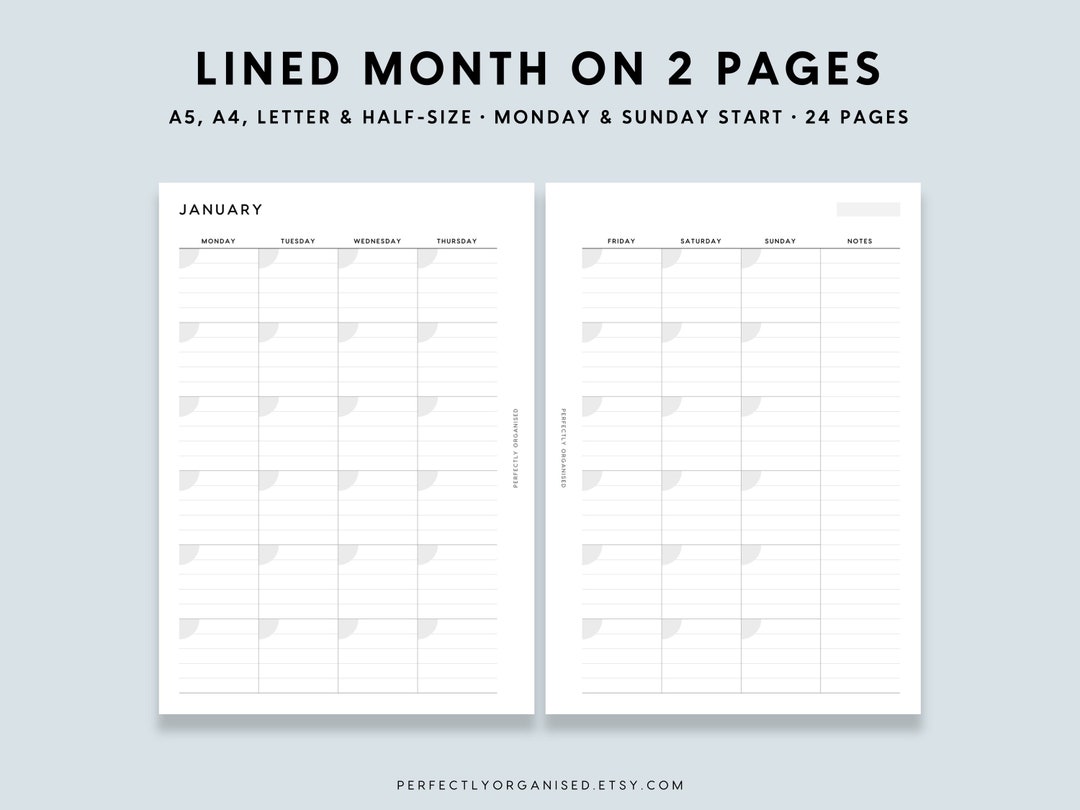 PRINTABLE Lined Month on 2 Pages Undated Monthly Planner, Monthly Inserts, Monthly Calendar ...