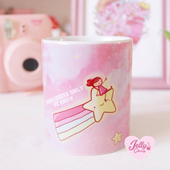 Kawaii étoile Filante Mug Arc En Ciel Purple étoile étoile Yellow Rose Tasse Mug Mignon Jellycherry Café Mug Art Numérique Illustration