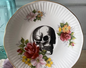 Vintage Altered China Floral Saucer - Skull