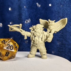 3D Printed Dwarven Ranger Miniature with Owl: Tabletop RPG Model