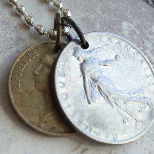 REPUBLIQUE FRANCAISE  1 franc Liberate Egalite & 10 centimes coin pendents w/ 24 inch ball chain necklace. BOGO Free - sellers choice