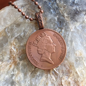 English 2 Pence Coin Necklace: Copper Pendant, 22 inch Ball Chain