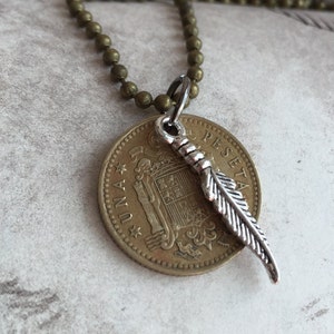 SPAIN - SPANISH una peseta coin & feather charm w/ 24 inch chain necklace. BOGO Free - sellers choice