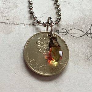 PORTUGAL 1990 5 Escudos coin charm w/wire wrapped crystal on a 24 inch chain necklace. BOGO Free - sellers choice