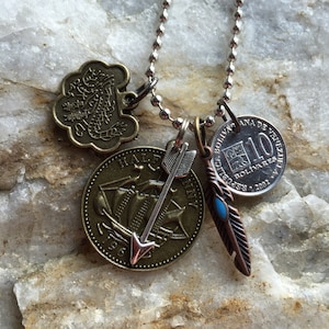 Venezuela coin - Hipster Unisex Coin Necklace Arrow and Feather charm Linked Chain - The Traveler IX BOGO Free - sellers choice