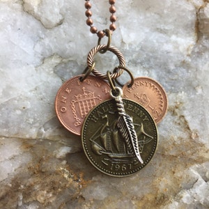 UK Penny & Half Penny coins - Silver Feather  - 24 inch ball chain - The Traveler Series BOGO Free - sellers choice