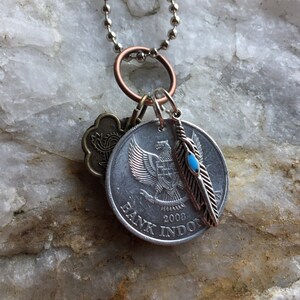 Indonesia 2003 500 rupiah - Feather charm - Asian coin pendent w/ 24 inch chain necklace - Traveler Series VIII. BOGO Free - sellers choice
