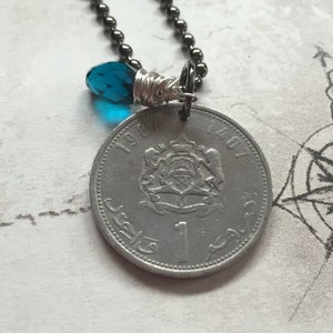 Moroccan - 1 Dirham - Hassan II - Morocco coin charm w/wire wrapped crystal on a 24 inch chain necklace. BOGO Free - sellers choice