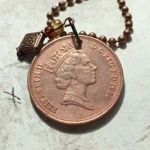 English 2 New Pence Coin Pendant - Copper Necklace, 24&quot; Ball Chain