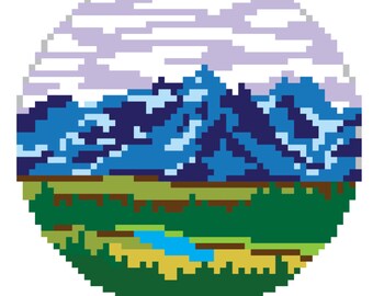 Grand Teton Needlepoint Chart: 3" Round Mountain Landscape (Digital Download)