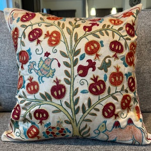 Handmade Suzani Pillow Cover: Uzbek Silk Embroidered Cushion (18x18)