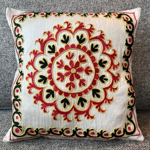 Handmade Suzani Pillow Cover: Uzbek Silk Embroidered Cushion