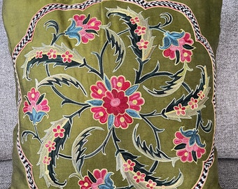 Handmade Suzani Pillow Cover: Uzbek Embroidered Silk Cushion