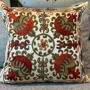 Handmade Suzani Pillow Cover: Embroidered Silk Cushion, Uzbek Design