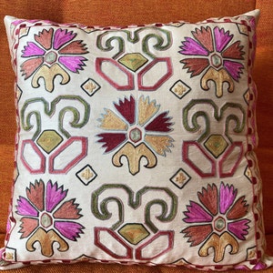 Handmade Suzani Pillow Cover: Uzbek Silk Embroidered Cushion