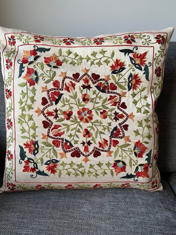 New Uzbek Handmade Suzani Silk Pillowcase Shipped from USA