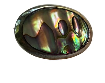 Vintage Mexicaanse Taxco sterling zilveren abalone broche, gesigneerd MR Melesio Rodriguez, ovale iriserende schelpspeld