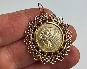 1912 Indian Head 2.50 Gold Coin Pendant in 14K Gold Filigree Bezel – Vintage Collectible