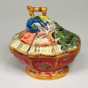 Tracy Porter Artesian Road Hand-Painted Peacock Sugar Bowl with Lid Vintage