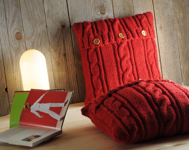 Strawberry red cable knit pillow cover with 3 wooden buttons. Etsy