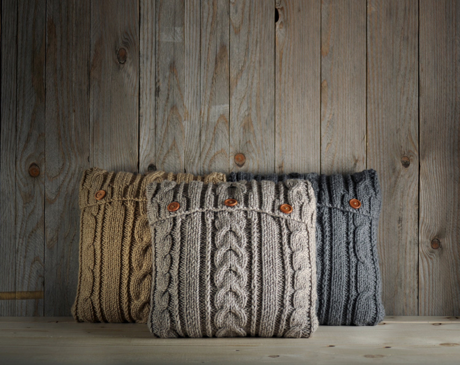 Light graybeige cable knit pillow cover with 3 wooden Etsy