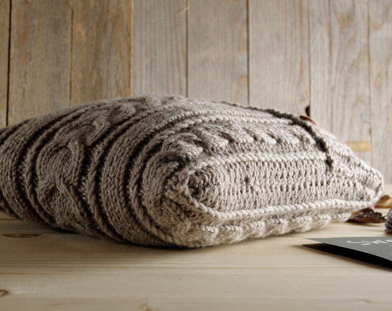 Light graybeige cable knit pillow cover with 3 wooden Etsy