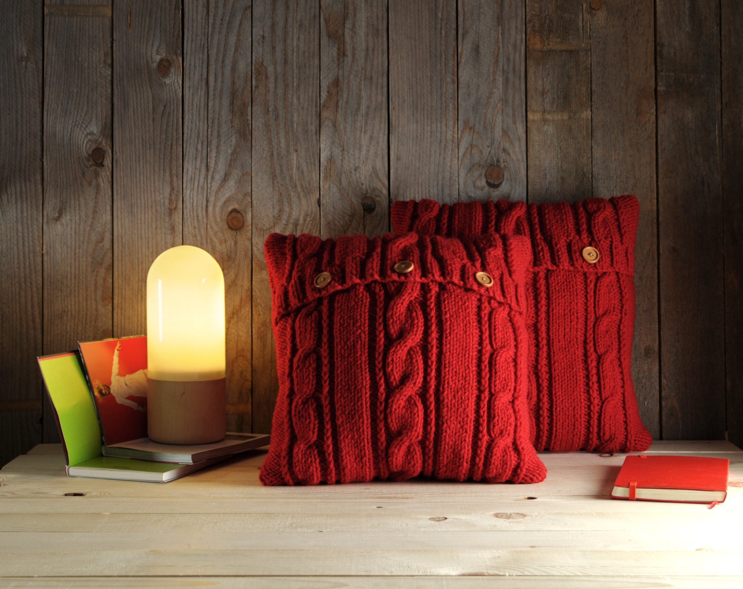 Strawberry red cable knit pillow cover with 3 wooden buttons. Etsy