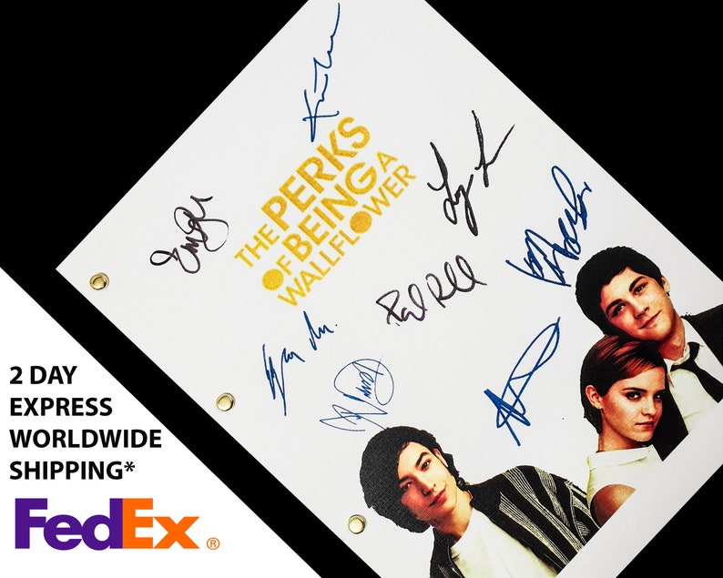 May include: A white script with the title "The Perks of Being a Wallflower" in gold lettering. The script is signed by the cast members, including Emma Watson, Logan Lerman, and Ezra Miller.