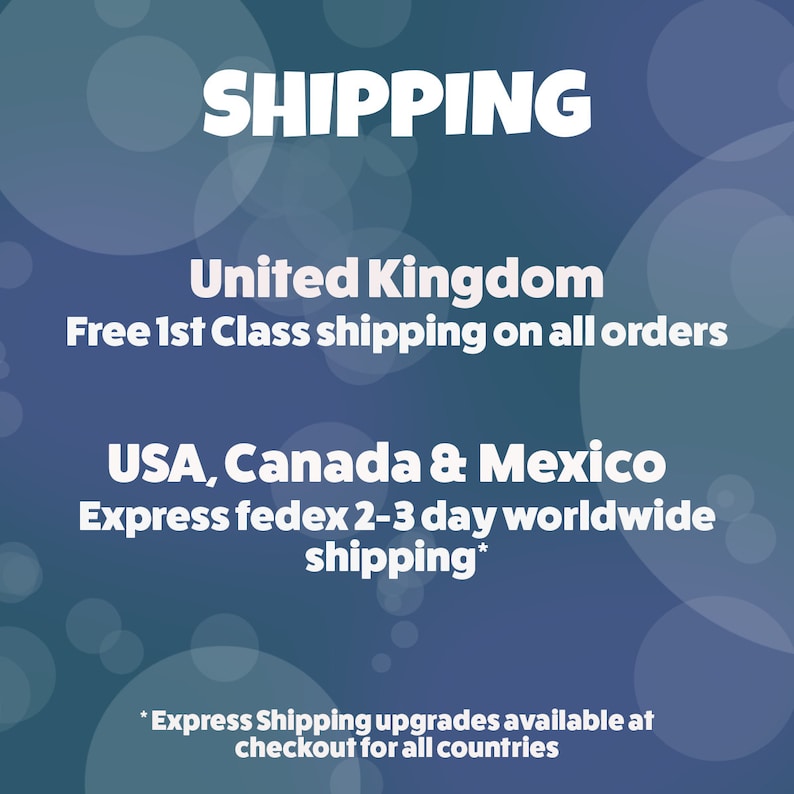 May include: A graphic with a blue background and white text that says "SHIPPING". The text below says "United Kingdom Free 1st Class shipping on all orders USA, Canada & Mexico Express fedex 2-3 day worldwide shipping* *Express Shipping upgrades available at checkout for all countries"