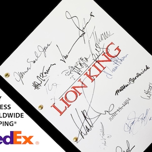May include: A white script page for the film "The Lion King" with multiple signatures in black ink. The signatures include: "James Earl Jones", "Nathan Lane", "Rowan Atkinson", "Jeremy Irons", "Matthew Broderick", "Whoopi Goldberg", "Hans Zimmer", "Tom Bell", and "Joel Silver". The script page is dated 15 June 1994.