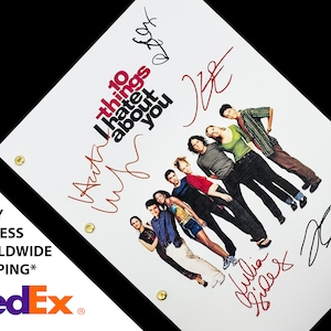 May include: A white script with the title "10 Things I Hate About You" and a photo of the cast of the film. The script is signed by the cast members: Heath Ledger, Julia Stiles, Joseph Gordon-Levitt, Larisa Oleynik, David Krumholtz, Andrew Keegan, Susan May Pratt, and Gabrielle Union.