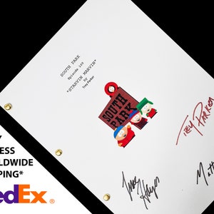 May include: A white South Park script with the title "Starvin Marvin" and signatures from Trey Parker and Matt Stone. The script features a cartoon image of the South Park characters.