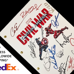 May include: White script page with the title "Captain America Civil War" in red and blue lettering. The page is signed by multiple actors from the movie, including Robert Downey Jr., Chris Evans, and Scarlett Johansson.