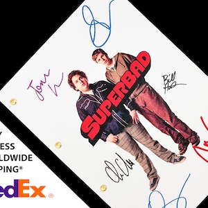 May include: A white script with the title "SUPERBAD" in red and black letters. The script is signed by four people: Jonah Hill, Christopher Mintz-Plasse, Bill Hader, and McLovin.