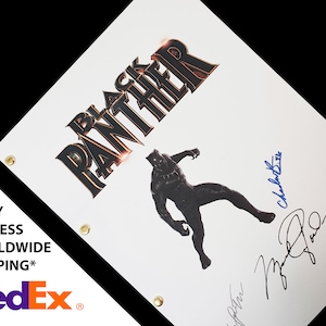 May include: A white script for the film "Black Panther" with a black and silver image of the character Black Panther in a fighting pose. The script is signed by Chadwick Boseman, Ryan Coogler, and Michael B. Jordan.