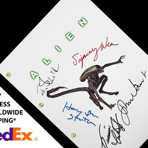 May include: A white script page for the movie "Alien" with the title in green letters. The page is signed by four people: Sigourney Weaver,  H.R. Giger,  Veronica Cartwright, and  Yaphet Kotto.